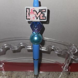 Blue and Purple Beaded Pen with Love Charm